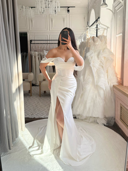 Off-the-Shoulder Corset Wedding Dress with Slit