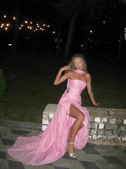 Strapless Pleated Gown with Bowknot and High Slit