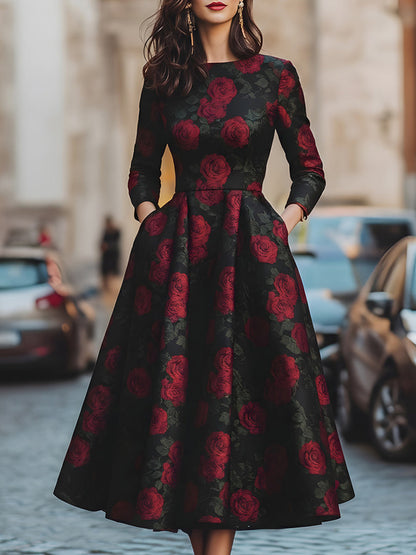 Floral Rose Print Midi Dress with Pockets