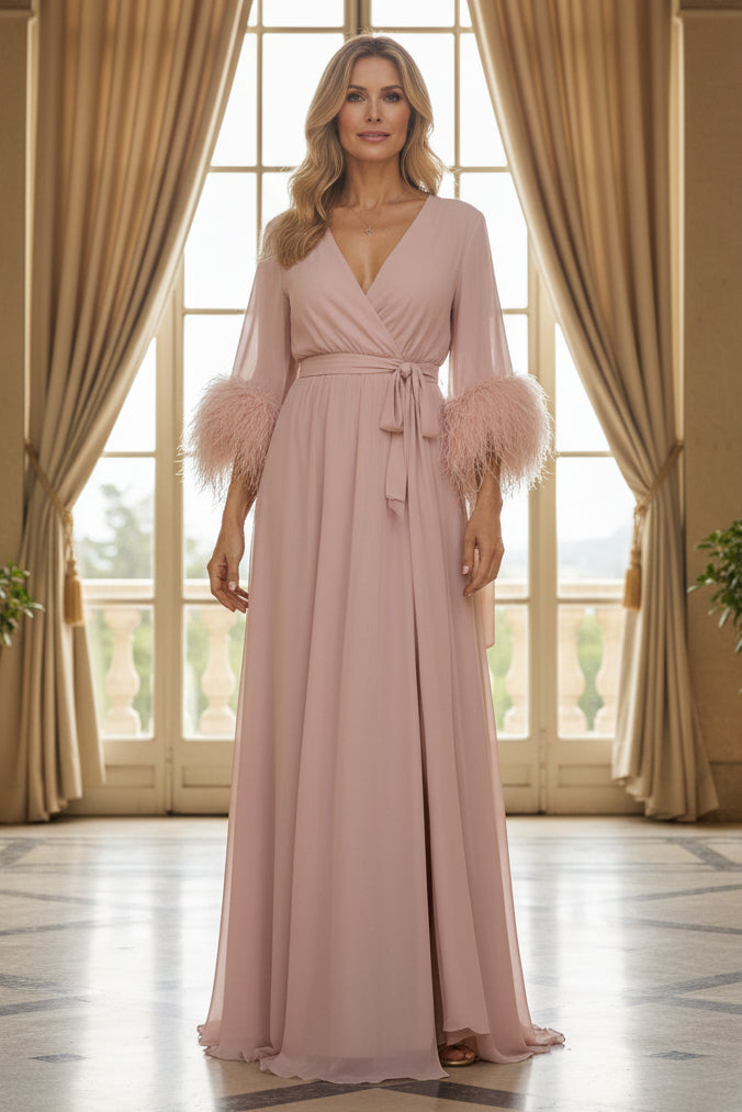 Feather-Cuff Long Sleeve Wrap Gown with Tie Waist