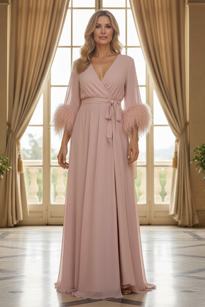 Feather-Cuff Long Sleeve Wrap Gown with Tie Waist