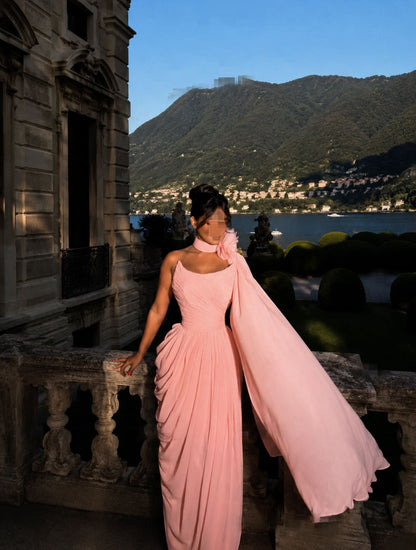 Ruched Chiffon Evening Gown with 3D Flower Cape