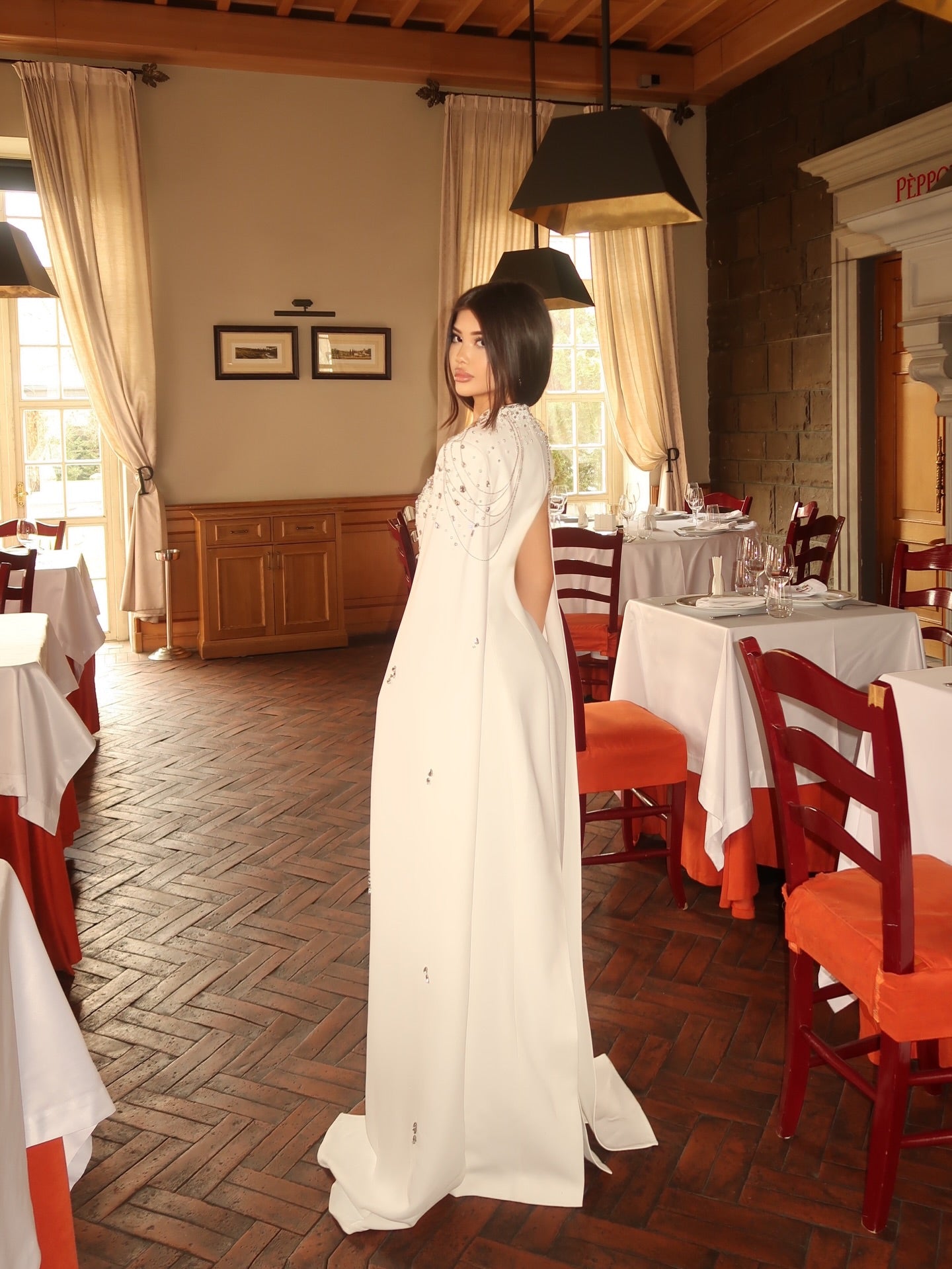 Beaded Square Neck Evening Gown with Cape