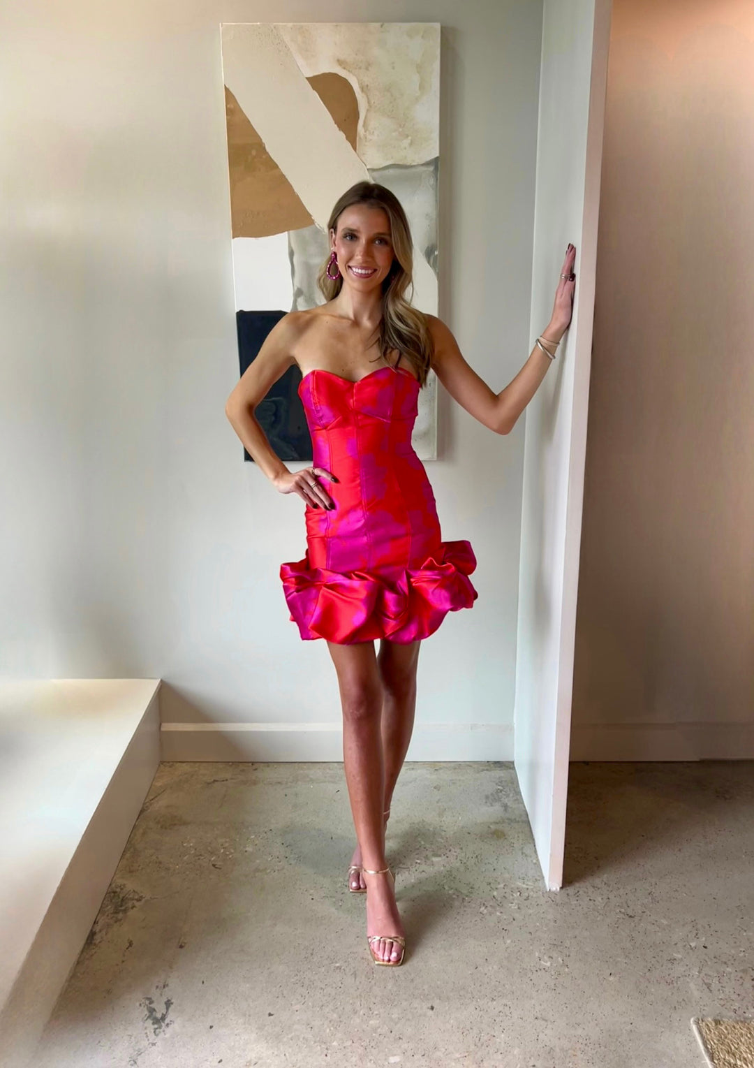 Strapless Sweetheart Jacquard Bubble Hem Mini Dress