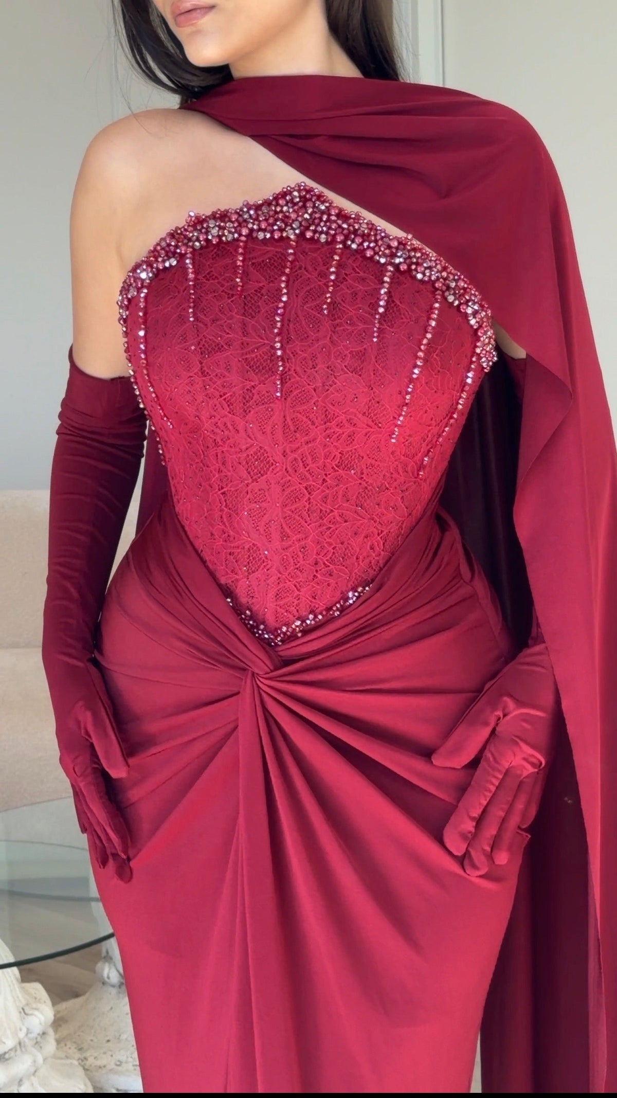 Corset Evening Gown with One-Shoulder Cape