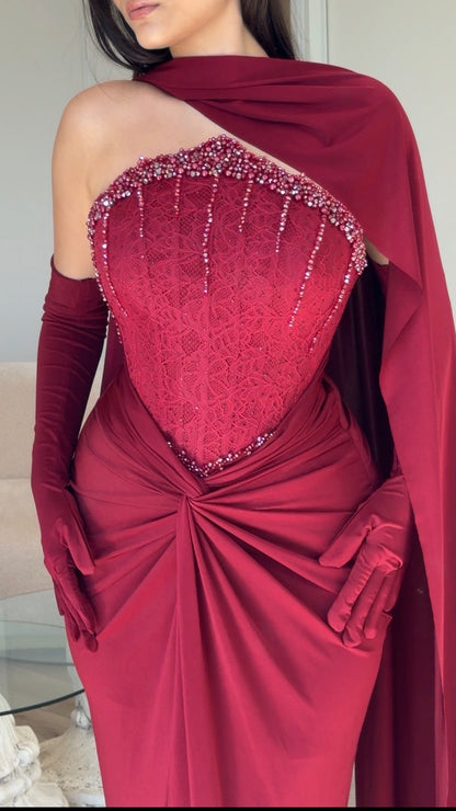 Corset Evening Gown with One-Shoulder Cape