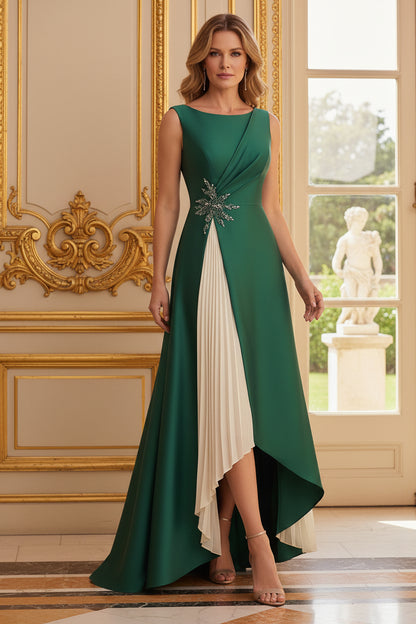Pleated Inset High-Low Evening Gown with Applique