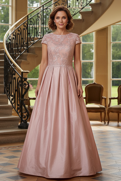 Lace Cap Sleeve Pleated A-Line Evening Gown