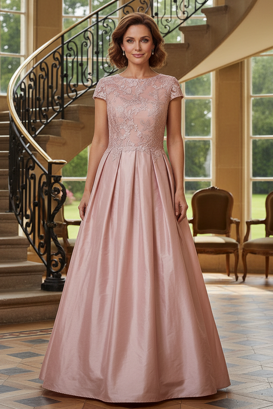 Lace Cap Sleeve Pleated A-Line Evening Gown