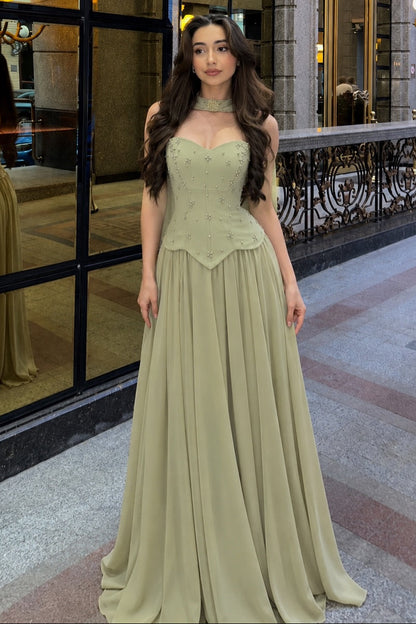 Beaded Corset Chiffon Evening Gown with Cape