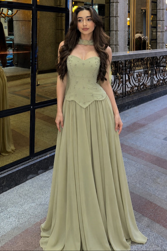 Beaded Corset Chiffon Evening Gown with Cape