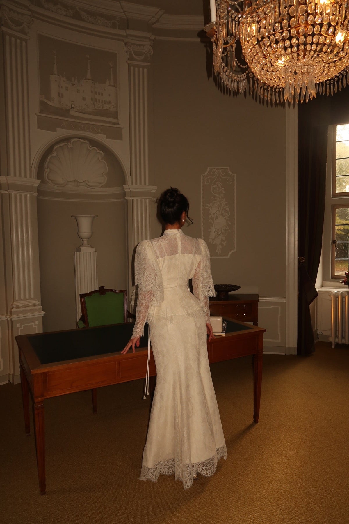 Lace Long-Sleeve Maxi Dress with Peplum Waist
