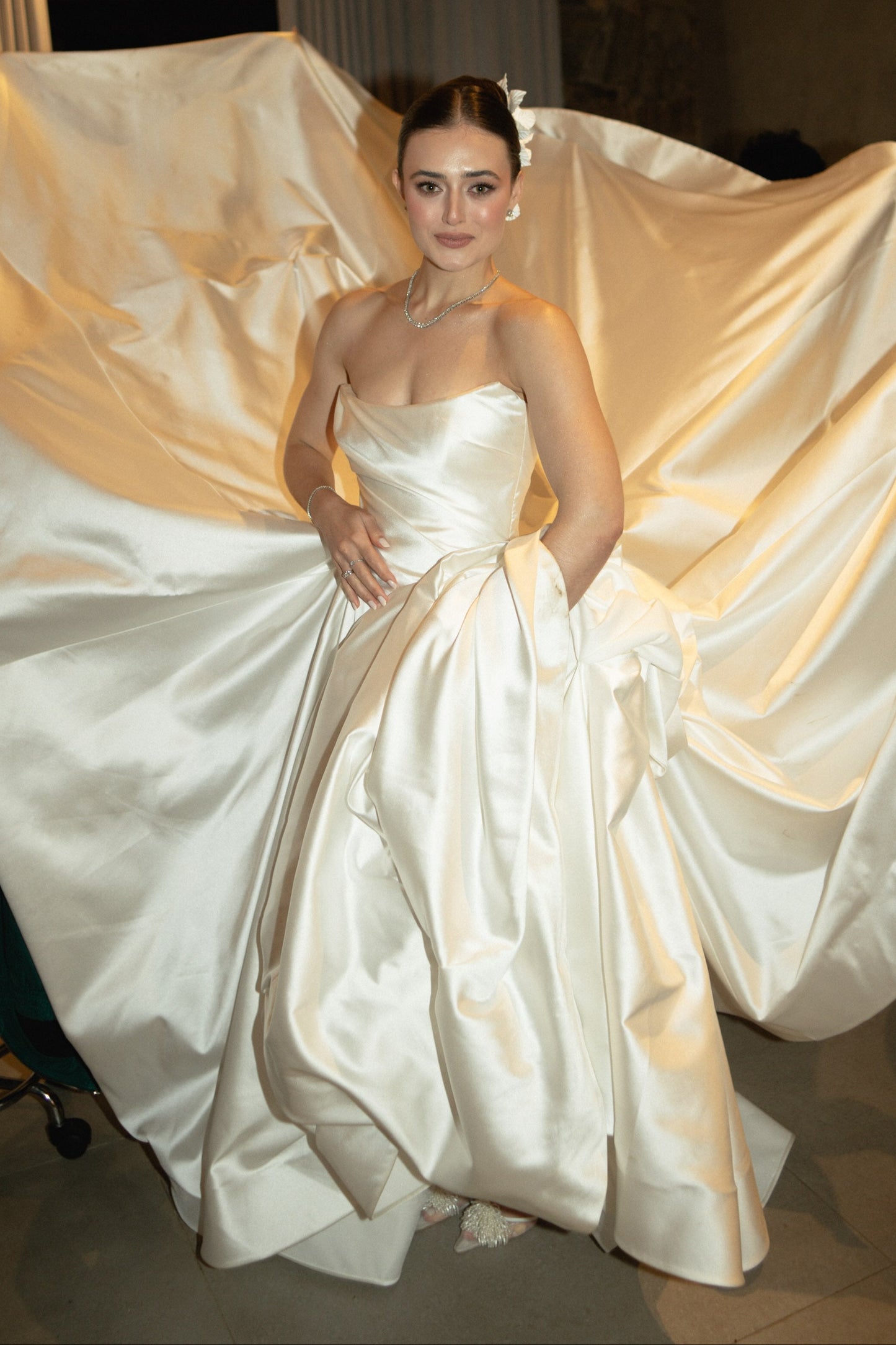 Strapless Ruched Satin Ball Gown Wedding Dress