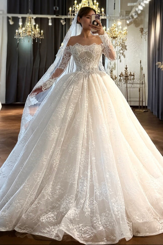 Off-Shoulder Long Sleeve Lace Ball Gown Wedding Dress