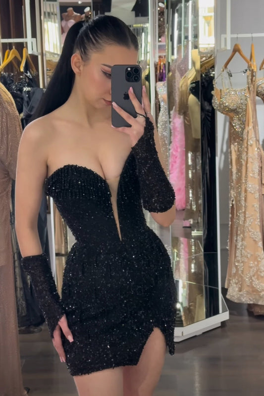 Strapless Sequin Mini Dress with Matching Sleeves