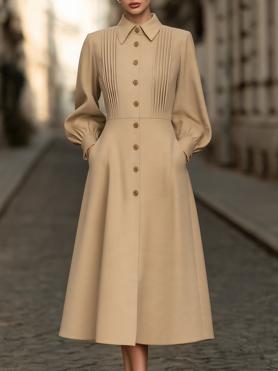 Pleated Bodice Button-Front Midi Shirt Dress