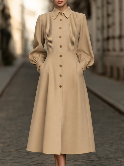 Pleated Bodice Button-Front Midi Shirt Dress
