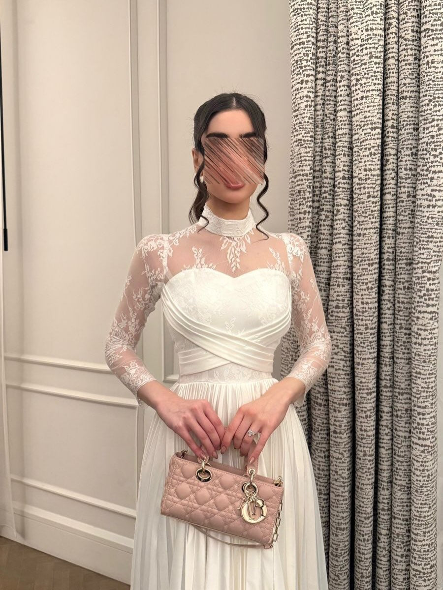 Lace Illusion High Neck A-Line Dress