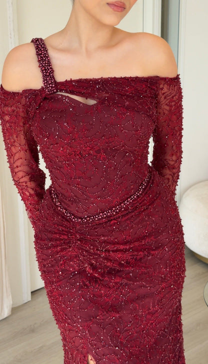 Pearl-Strap Lace Long Sleeve Evening Gown