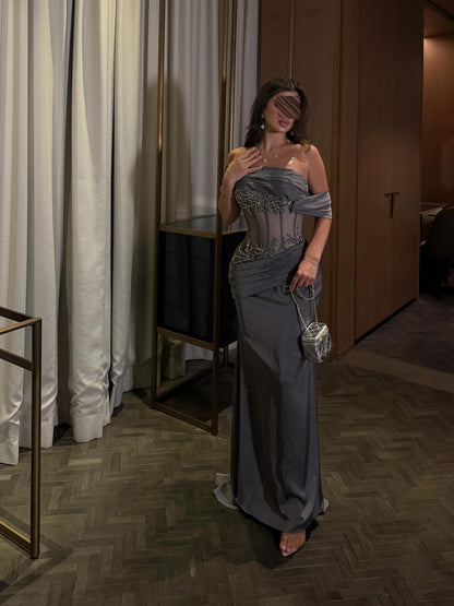 Off-the-Shoulder Beaded Corset Satin Evening Gown