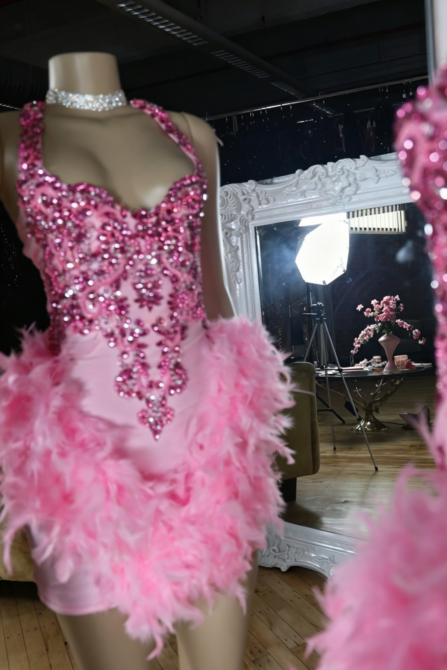 Crystal Beaded Halter Feather Mini Dress