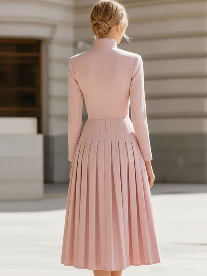 High Neck Pleated Midi Dress with Long Sleeves