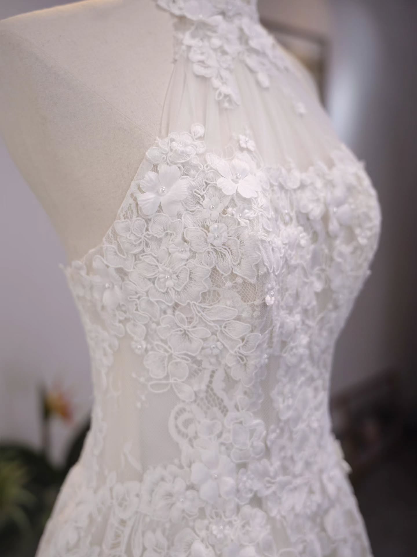 Halter Neck Floral Lace A-Line Wedding Dress