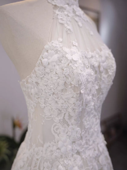 Halter Neck Floral Lace A-Line Wedding Dress