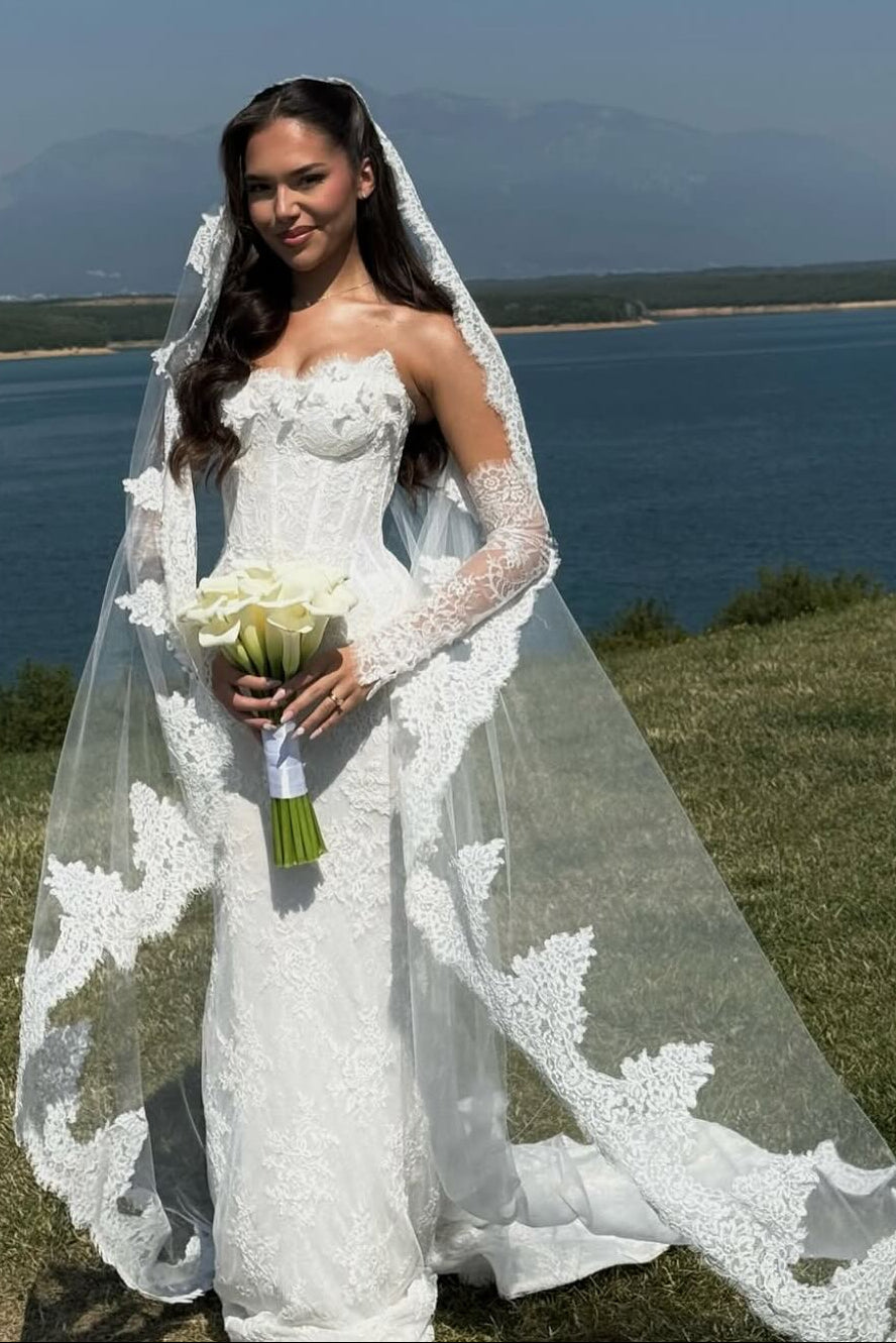 Strapless Lace Corset Wedding Dress with Gloves