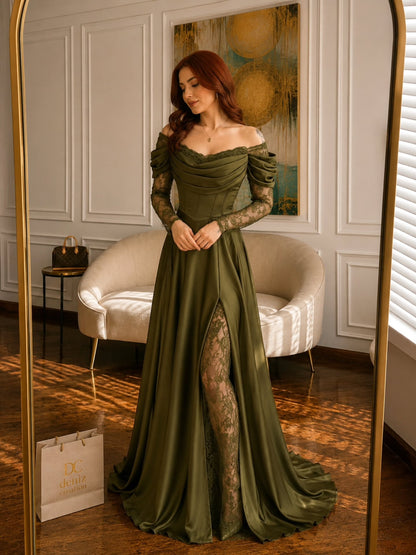Off-the-Shoulder Corset Gown with Lace Underlay