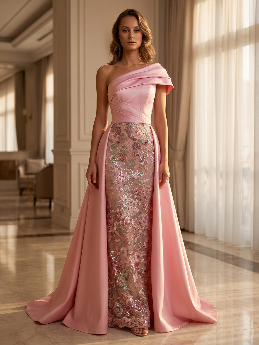 Satin and Lace Evening Gown with Overskirt