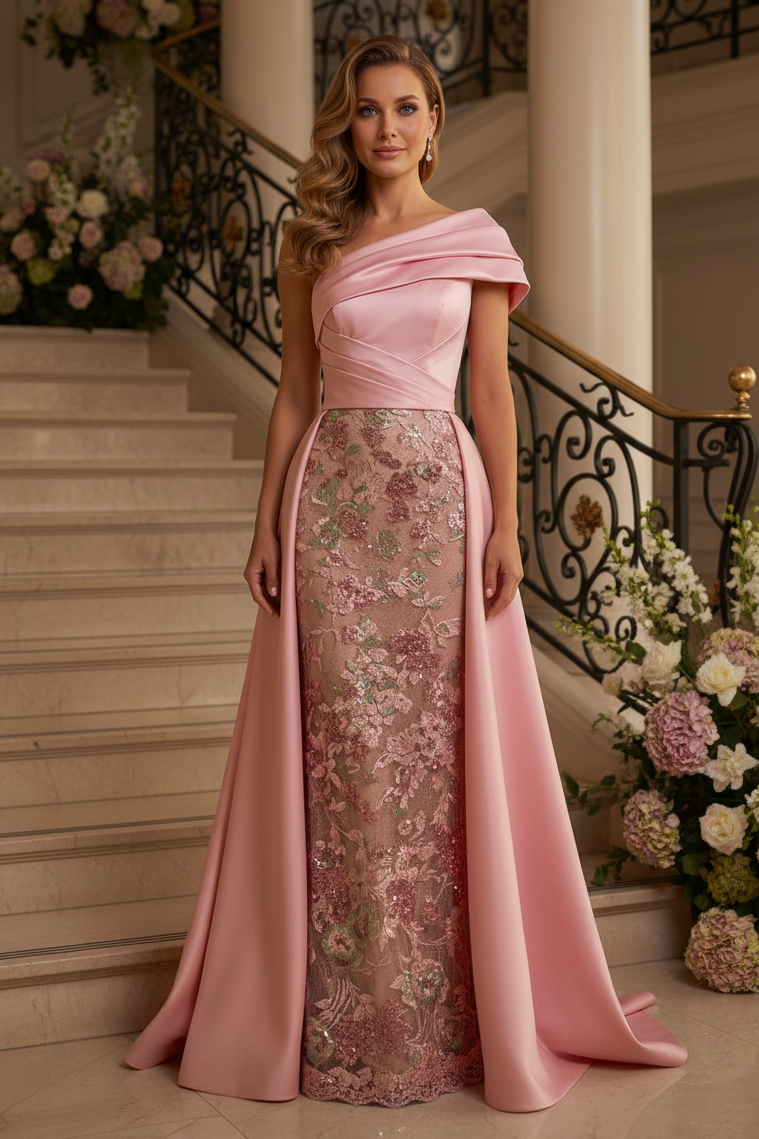 Satin and Lace Evening Gown with Overskirt
