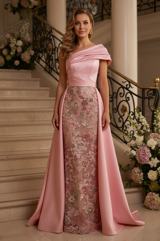 Satin and Lace Evening Gown with Overskirt