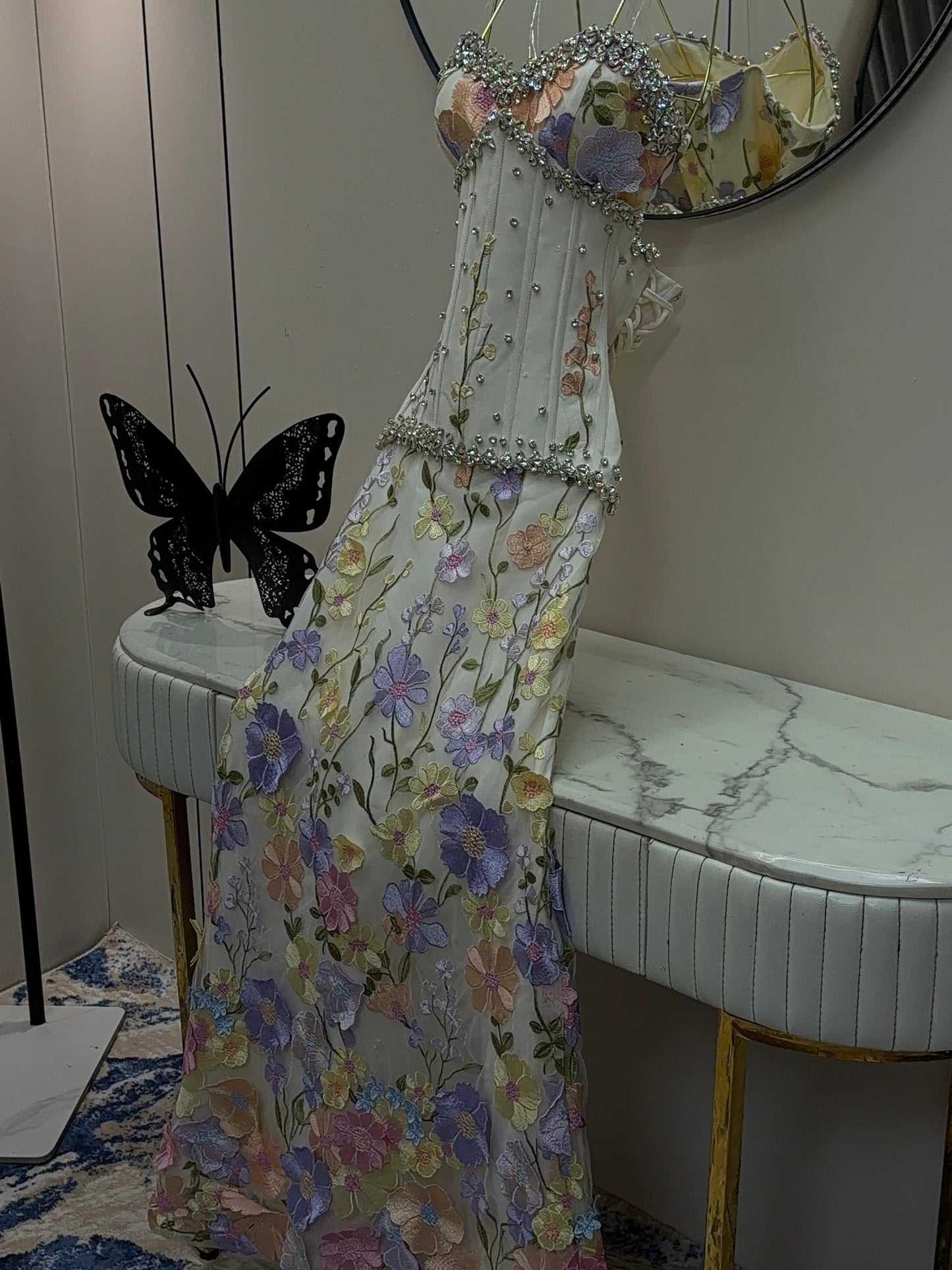 Floral Embroidered Corset Mermaid Gown with Pearls