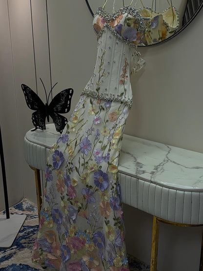 Floral Embroidered Corset Mermaid Gown with Pearls