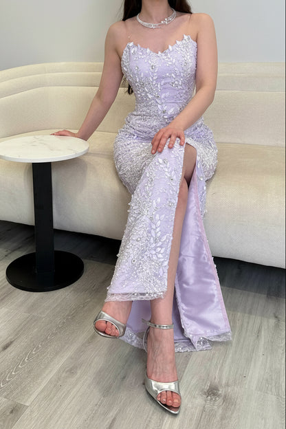 Embellished Lace Column Gown with High Slit