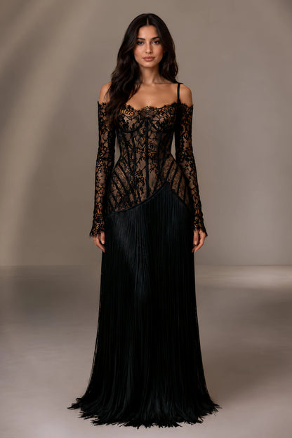 Off-Shoulder Lace Corset Gown with Fringe Skirt