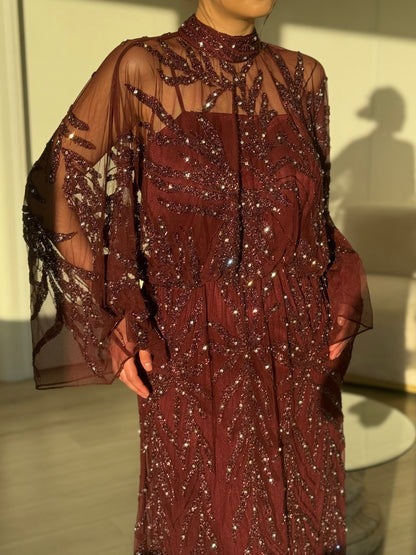 Beaded High-Neck Gown with Sheer Cape Sleeves