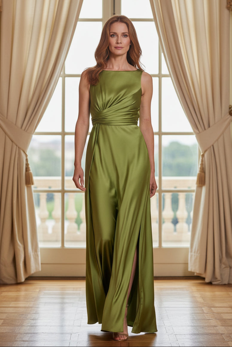 Ruched Satin Sleeveless Gown with Slit