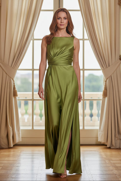 Ruched Satin Sleeveless Gown with Slit