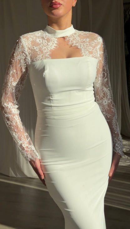 Lace-Yoke Long Sleeve Mermaid Evening Gown