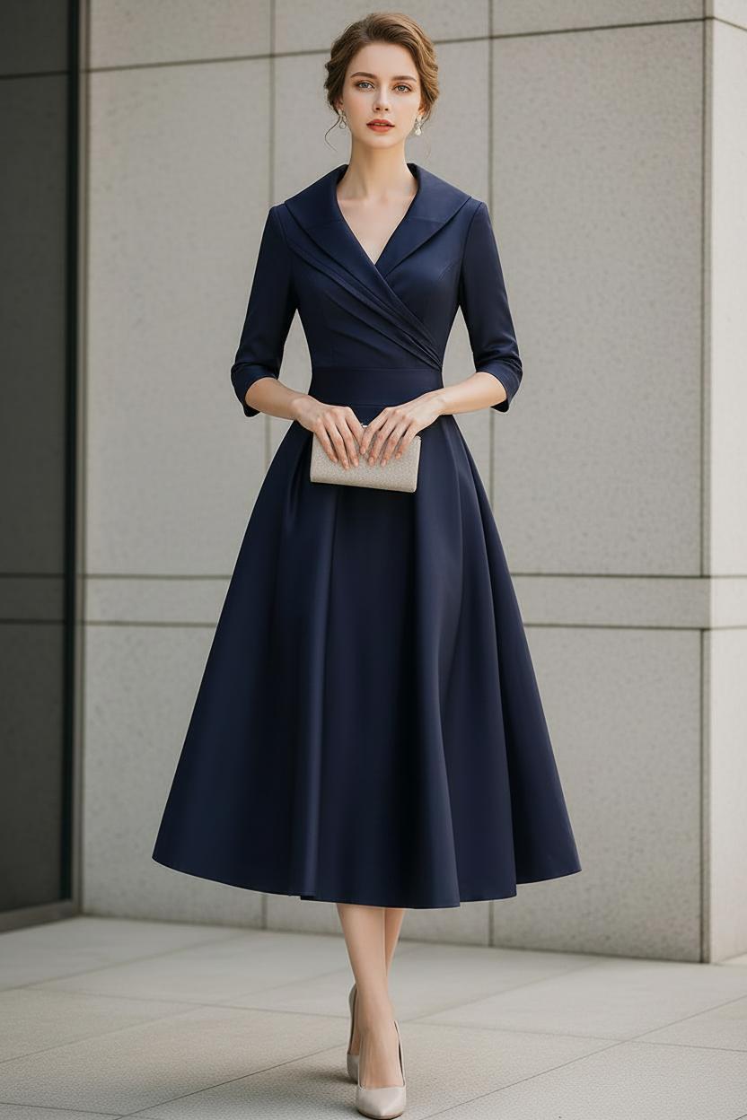 V-Neck Wrap Bodice A-Line Midi Dress with Pockets