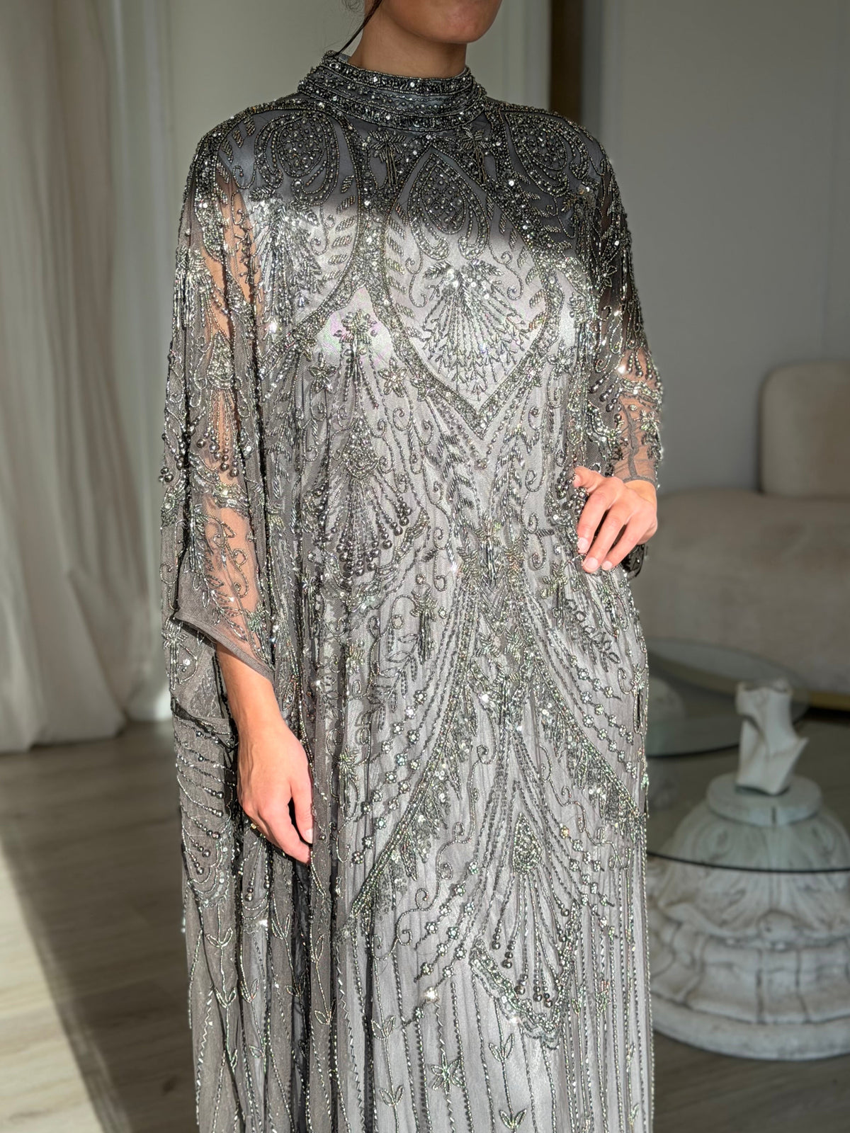 Beaded High Neck Cape Sleeve Evening Gown