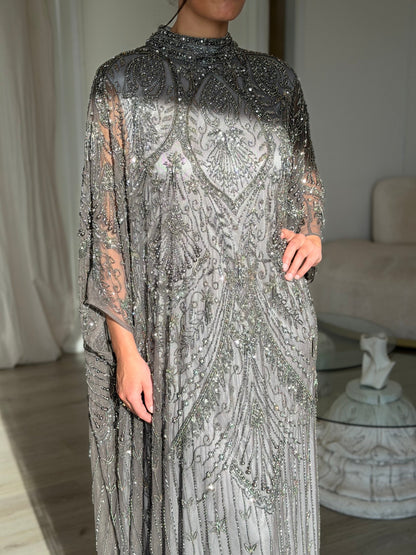 Beaded High Neck Cape Sleeve Evening Gown