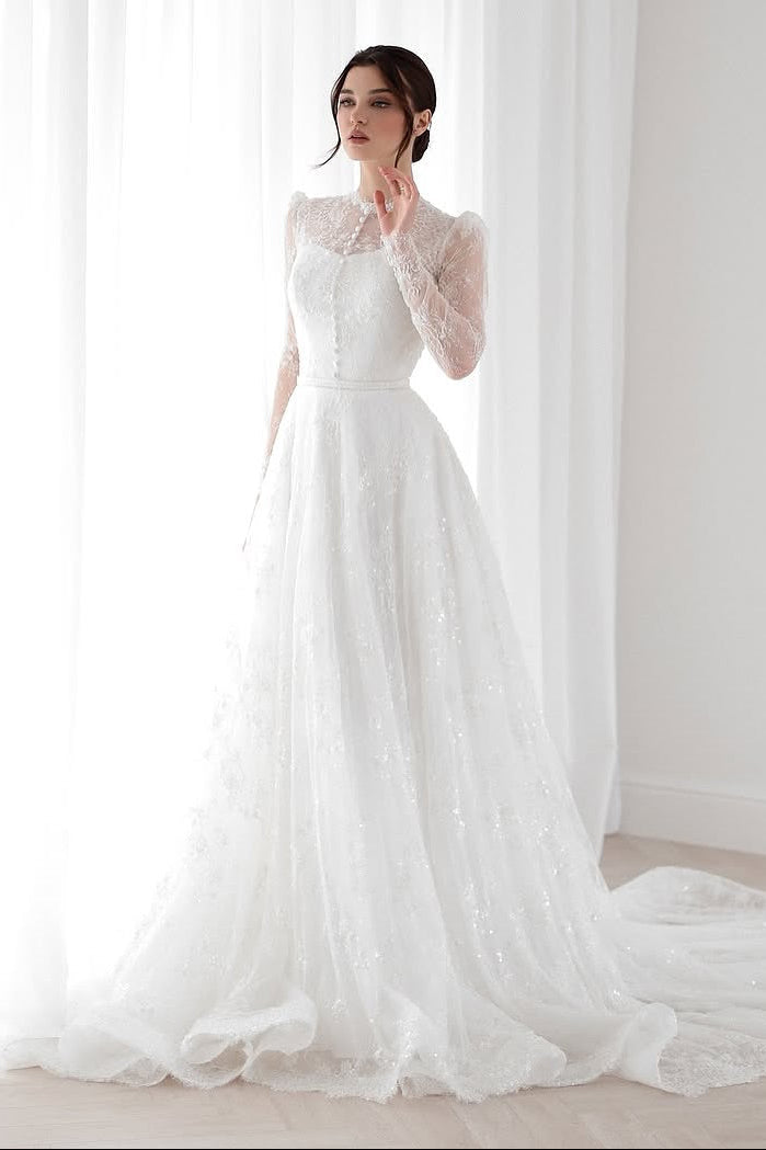Illusion Lace Long Sleeve A-Line Wedding Dress