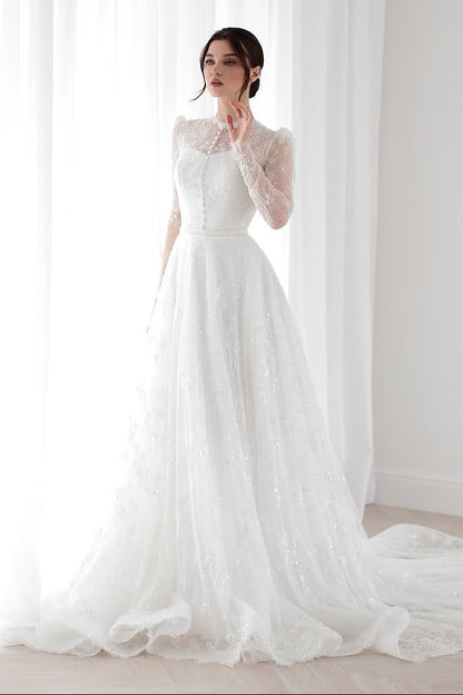 Illusion Lace Long Sleeve A-Line Wedding Dress