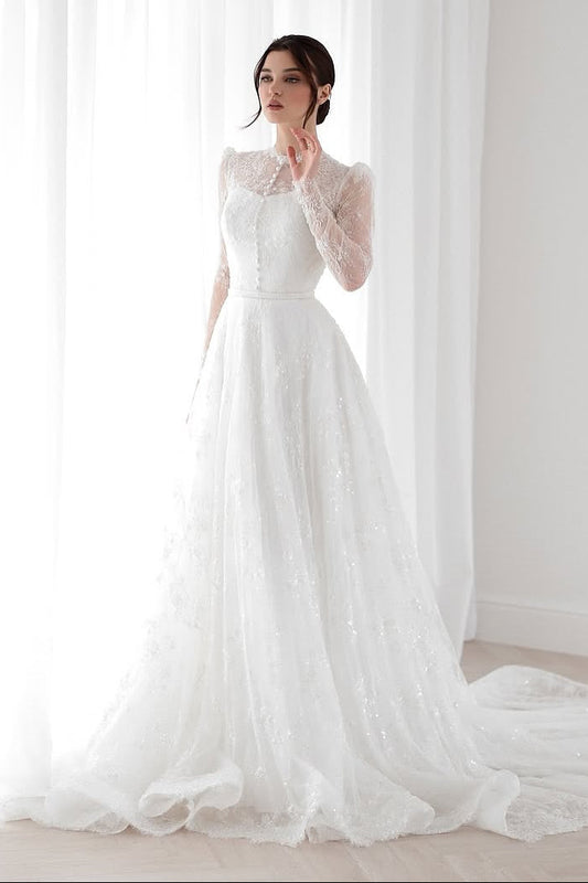 Illusion Lace Long Sleeve A-Line Wedding Dress