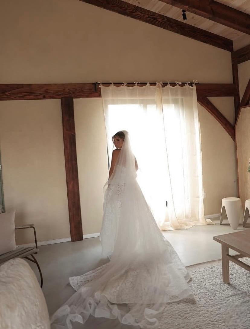 High-Neck Lace Wedding Dress with Train