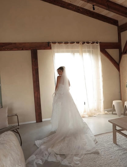 High-Neck Lace Wedding Dress with Train
