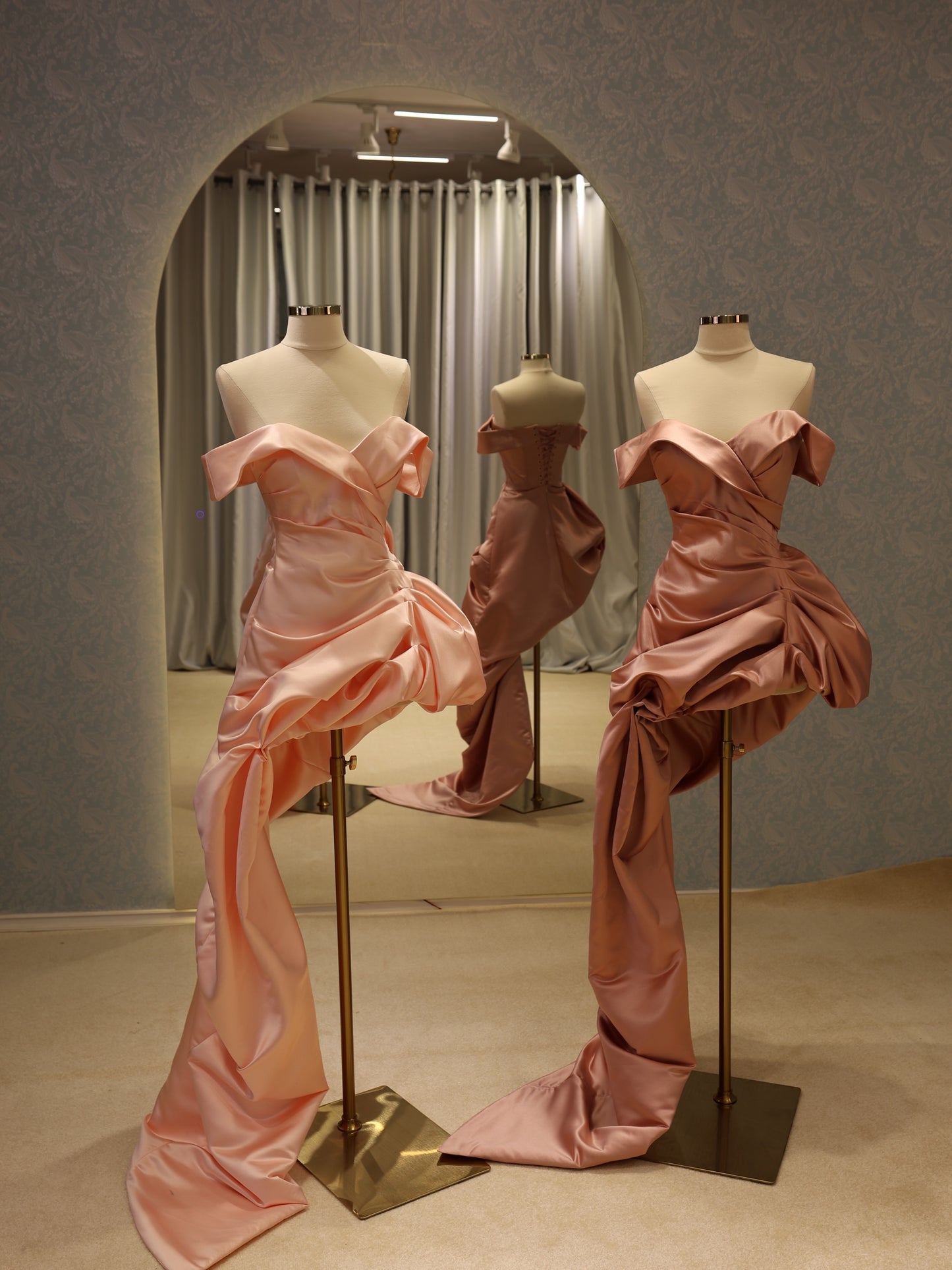 Asymmetric Draped Satin Evening Gown with Train